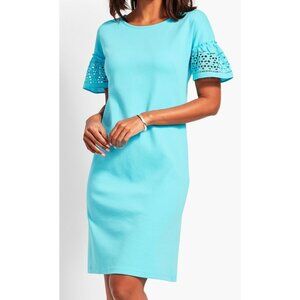 Black Lable Talbots XS Light Blue Eyelet Interlock Shift Dress Short Sleeve